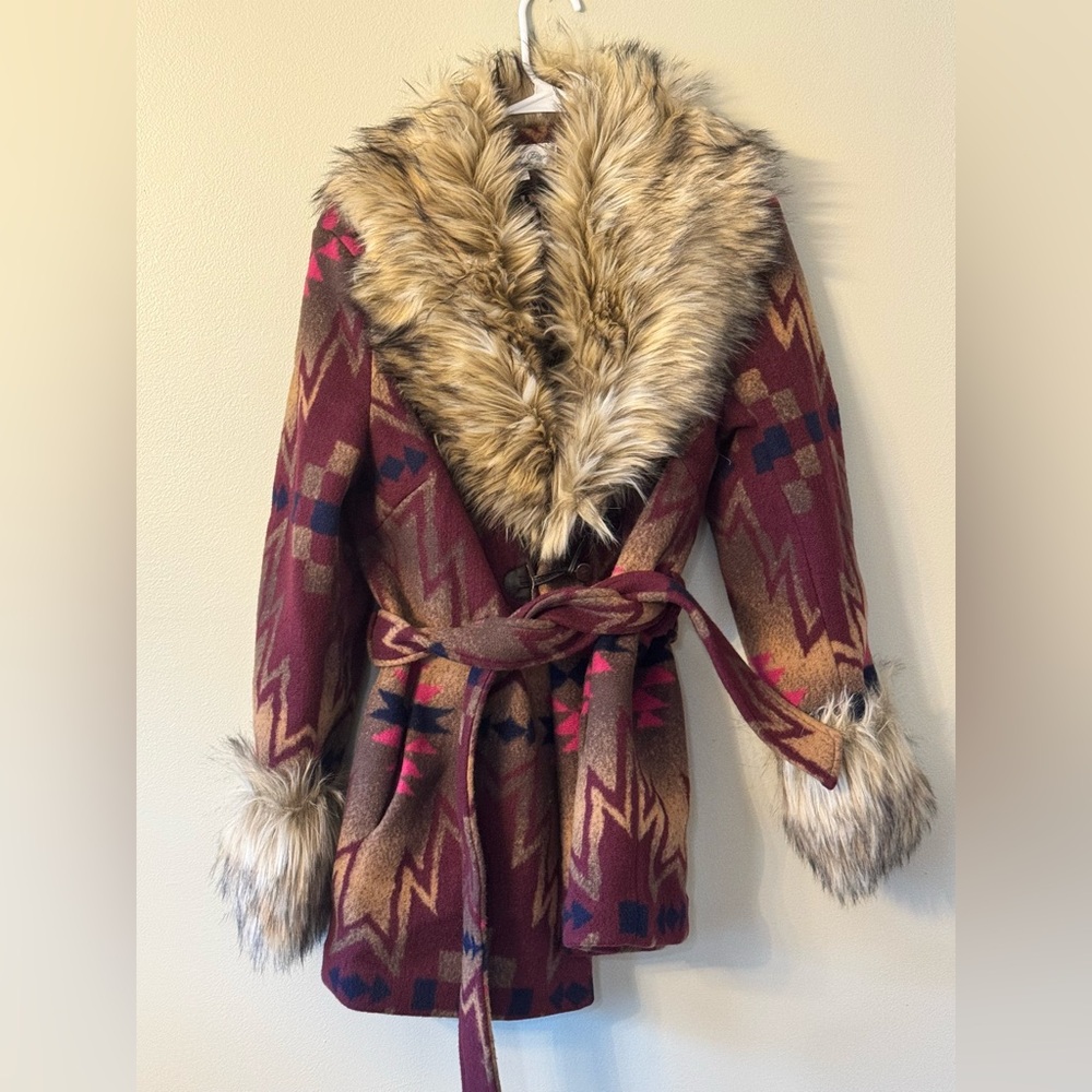 Tasha Polizzi Burgundy Aztec Faux Fur Collar & Cuff Belted Trench